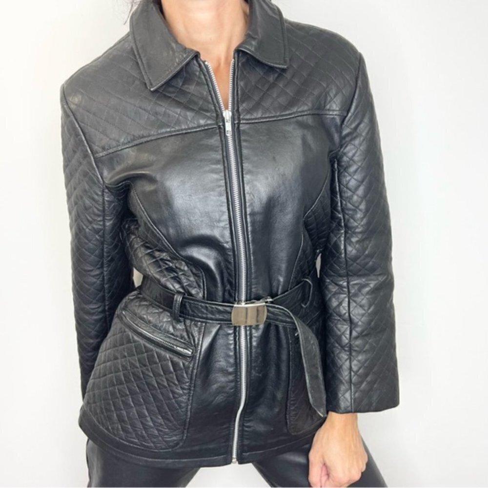 Black quilted leather 3/4 length belted jacket M - Picture 2 of 15